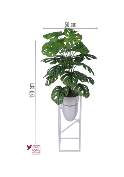 Yapay Çiçek Sitesi Metal Sütun Saksıda Premium 24 Yapraklı Yapay Monstera Deve Tabanı Ağacı 120 Cm Yeşil
