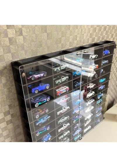 Pleksi Kapaklı 1/64 Ölçek 50araç Hotwheels Matchbox Metal Araç Uyumlu Model Oyuncak Araba Rafı-eskitme Siyah Aahşap