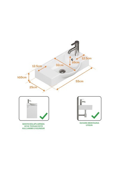 Aqua Bagno Minizia 55x32x10 Cm Beyaz Seramik Lavabo Taşma Delikli 34.30.55.1.tr Beyaz