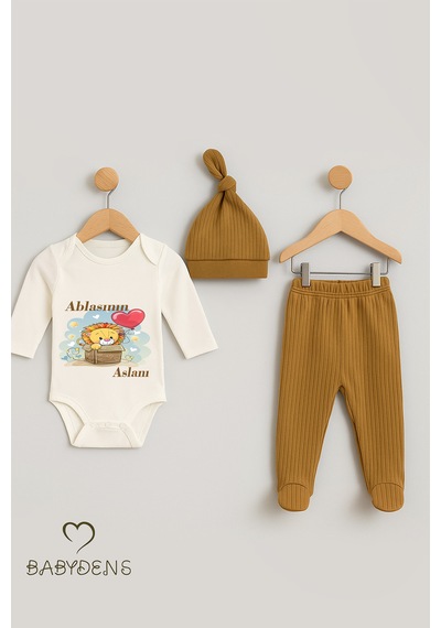 Babyden's Ablasının Aslanı Yazılı 3 Lü Bebek Takımı Uzun Kollu Çıtçıtlı Body,patikli Pantolon Şapka Set Açık Kahverengi