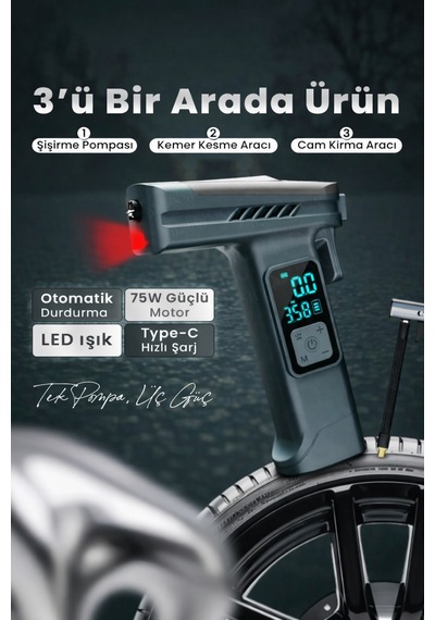 Nivego Taşınabilir 4000 Mah Dijital Hava Pompası 150 Psı Şarjlı Mini Kompresör Lcd Ekranlı, Işıklı, Kemer Kesicili,cam Kırma Otomatik Durma -