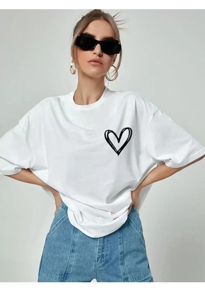 Hazego Bisiklet Yaka Baskılı Oversize T-shirt - Beyaz Beyaz