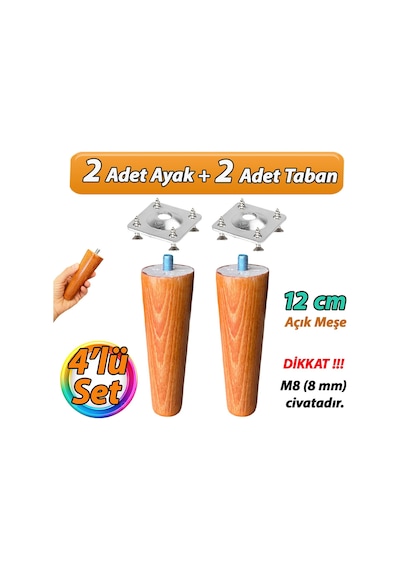 Ahşap Ayak 12 Cm 4'lü Set Açık Meşe M8 Civatalı Bağlantı Aparatlı Dolap Mobilya Koltuk Kanepe Destek Ayağı Ayakları Açık Meşe