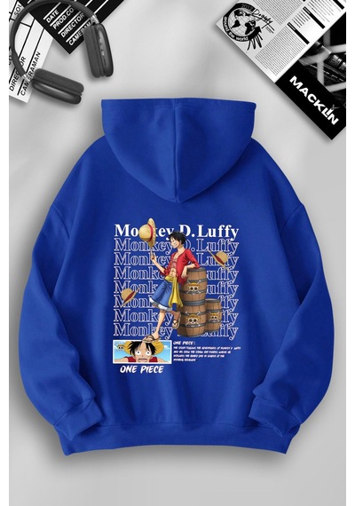Macklin Unisex Kadın Erkek One Piece Monkey D Luffy Anime Özel Tasarım Baskılı Kapşonlu Sweatshirt Mavi Mck1201 Mavi