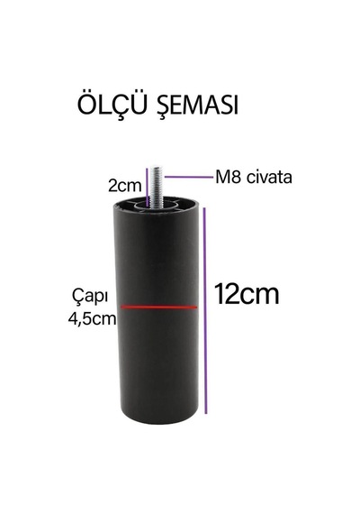 Silindir Destek Ayağı 12 Cm Siyah Gizli Ayak M8 Civatalı Incediş Mobilya Kanepe Baza Koltuk Siyah Diğer
