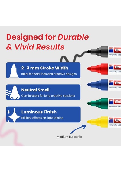Edding 4500 Tekstil Kalemi - Siyah, Kırmızı, Mavi, Yeşil, Sarı - 5 Adet. - 2-3 Mm Yuvarlak Uç
