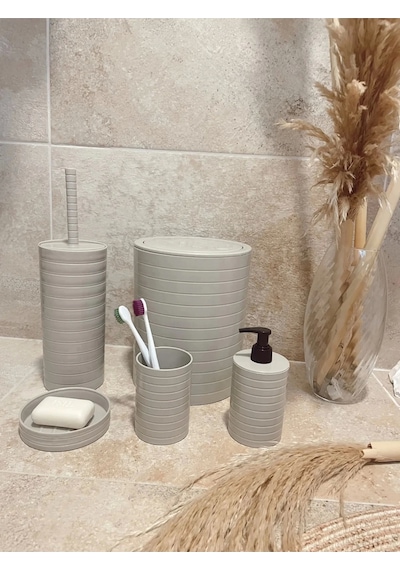 Banyo Seti 5'li Krem Çöp Kovası Wc Fırçalık Sıvı Sabunluk Katı Sabunluk Renkli