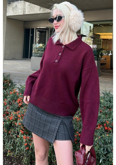 Madmext Bordo Düğmeli Polo Yaka Kadın Kazak Mg2307 Bordo
