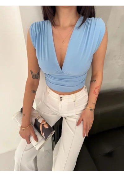 Efnaz Style Vatkalı Kolsuz V Yaka Drapeli Crop Bluz Likralı Fit - Bebek Mavisi