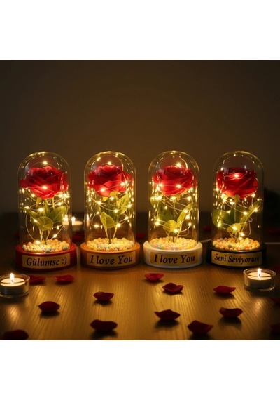 Renkli Toplu Ledli Gül Fanus Kırmızı