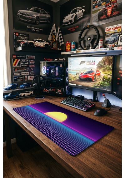 Synthwave Gaming Mousepad Xxl 90x40 Cm Kaymaz Taban Dikişli Kenar Retro Neon Oyuncu Masa Pedi Mor