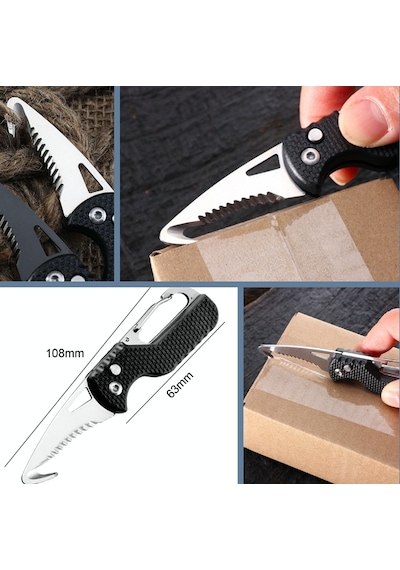 Omeniv Anahtarlık Karabiner Çelik Kamp Çakı Testere Kamp Bıçak Outdoor Siyah