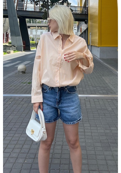 Madmext Sarı Çizgili Over Fit Gömlek Mg1525 Sarı