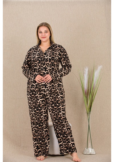 L'ombre Büyük Beden Leopar Desenli Düğmeli Uzun Kol Viskon Pijama Takımı