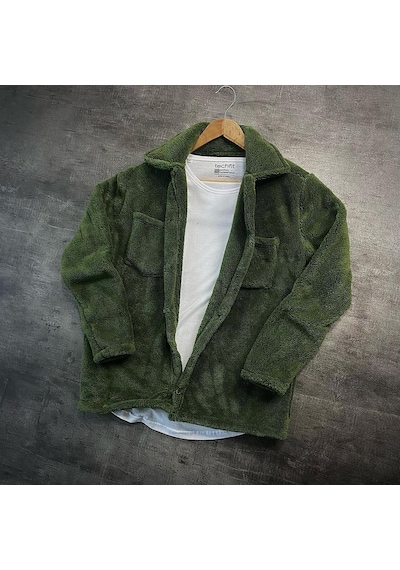 Unisex Haki Düğme Detaylı Cepli Peluş Ceket Haki