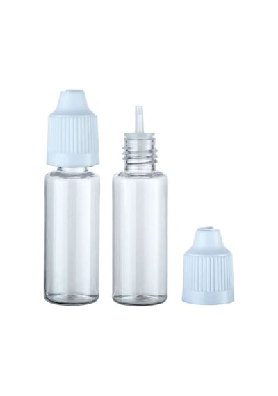 100 Adet - 20ml Şeffaf Plastik Likit Şişesi - Iğne Uclu Damlalıklı Pet Şişe, Beyaz Kapaklı