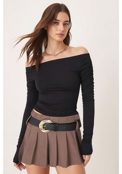 Armonika Kadın Siyah Kolları Büzgülü Crop Bluz Arm-26k042015