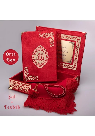 Şal + Tesbih + Kuran Hediye Seti Orta Boy, Şemslafzatullah, Gold Pleksi, Raşel Kutu, Kırmızı