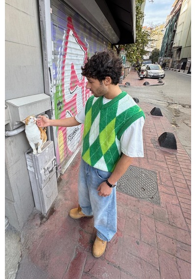 Flaw Baklava Desen Triko Süveter Yeşil Yeşil