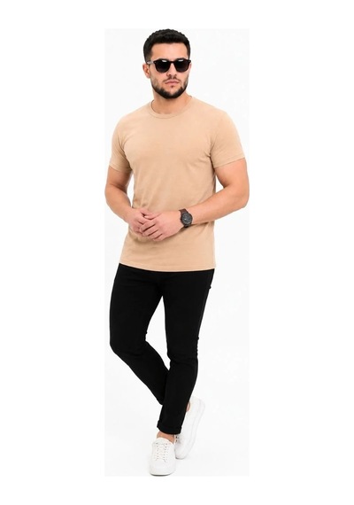 Tarz Yeri Erkek Basic Tişört Bisiklet Yaka Kısa Kol Günlük Yazlık Slim Fit T-shirt - Bej