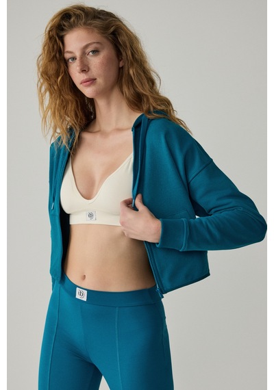 Urban Beat Charısma Kadın Kapüşonlu Relaxed Fermuarlı Baskı Detaylı Mavi Sweatshirt Mavi