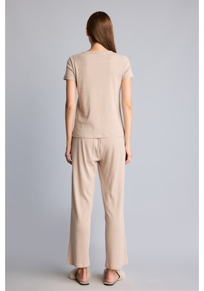 Defacto Regular Fit Çizgili Düğmeli Kısa Kollu 2li Pijama Takımı F9838ax26aubg402 Bej-bg402