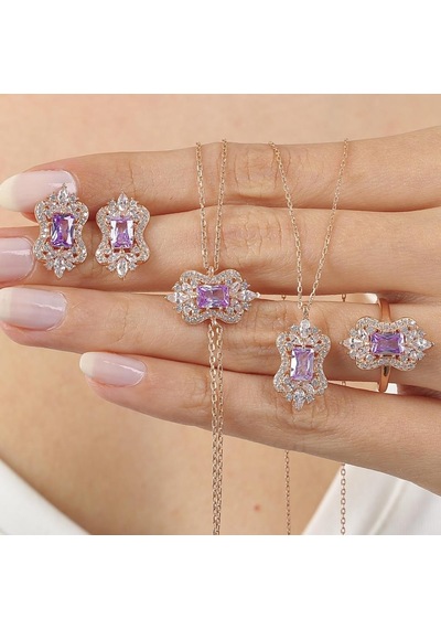 Lila Taşlı Işıltı Klasiği Rose Renk Vintage Gümüş Mini Set