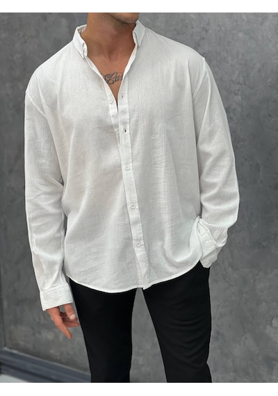 Modefendi Krinkıl Kumaş Oversize Kesim Keten Gömlek Beyaz