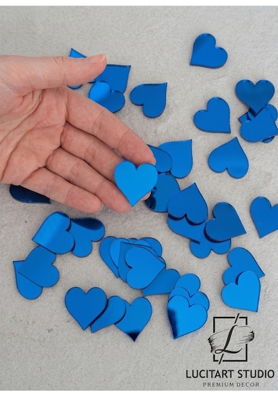 10'lu Paket Mavi Blue Pleksi Dekoratif Kalpler 1mm Kendinden Yapışkanlı Kalp Ayna - Söz, Nişan, Nikah Ve Süsleme İçin Mavi Mavi
