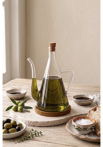 Akasya Altlıklı Borosilikat Yağlık Sirkelik 500 Ml Sızdırmaz Yağdanlık Seti Şeffaf