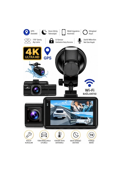 4k Araç Kamerası 3 Kameralı Ön-arka - İç Wifi Gps Park Modu Gece Görüşlü Araç İçi Kamera F6 Dash Cam