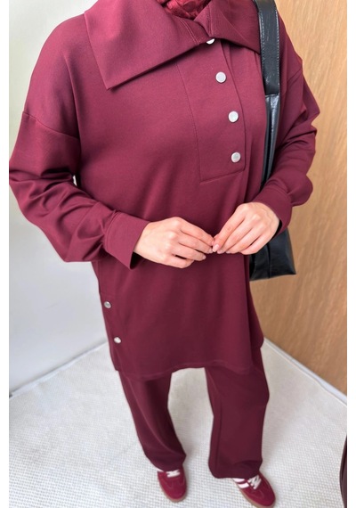 Mihran Butik Soho Elegance Yaka Detaylı Kadın Tesettür Alt Üst Takım Bordo