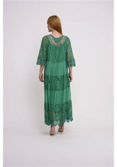 Eren Style İtalyan Sunshine İpek Detaylı Dantelli Elbise-9033 Yeşil