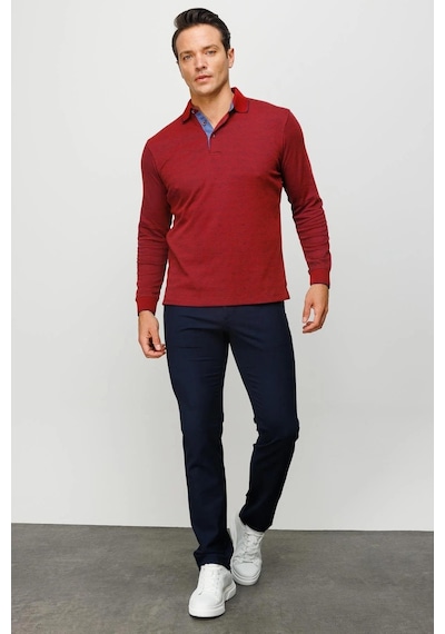 Desen Triko Erkek Polo Yaka Desenli Uzun Kollu Sweatshirt Bordo Bordo