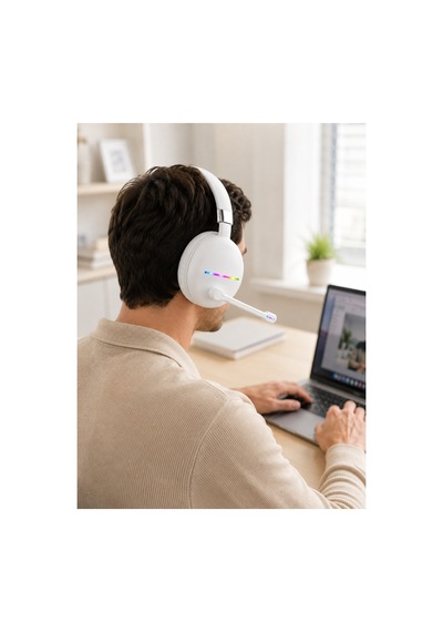 Kullanışlı Kablosuz Bluetooth Mikrofonlu Beyaz Kulaklık Rgb Işıklı