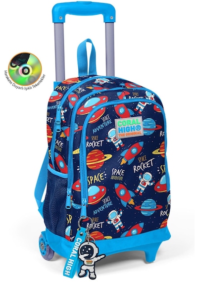 Coral High Kids Lacivert Uzay Desenli Işıklı Tekerlekli İki Bölmeli Çekçekli Sırt Çantası