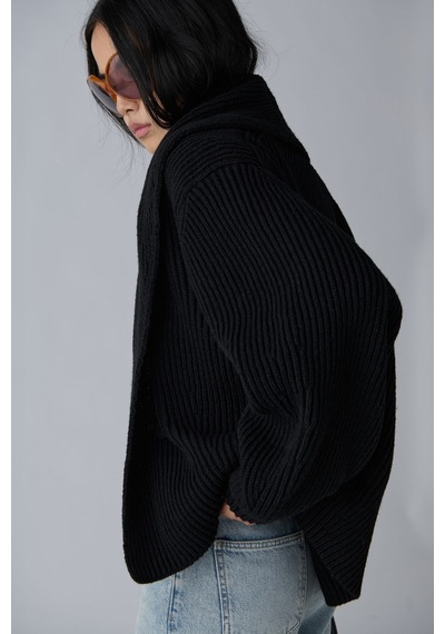 Suud Collection Siyah Mana Oversize Yün Triko Hırka