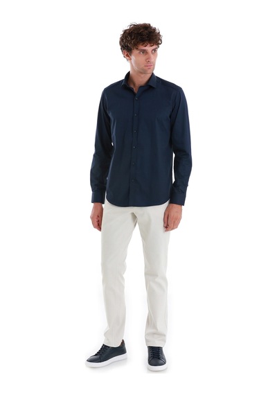 Hatemoğlu Lacivert Slim Fit Düz 100% Pamuk Açık İtalyan Yaka Uzun Kollu Saten Gömlek 24d190000045 005 Lacivert