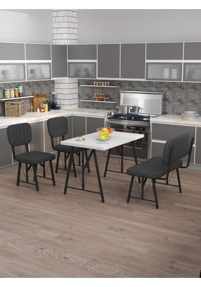 Hayat 70x110 Beyaz Mutfak Masası, Mutfak Masası Takımı, Yemek Masası, 2 Sandalye 1 Bench - Antrasit Antrasit