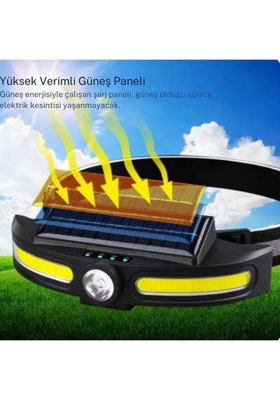 Solar Şarjlı Su Geçirmez Kafa Feneri - Usb Şarjlı, 14500 Pil, Çift Işık Kaynağı Or-921 Siyah