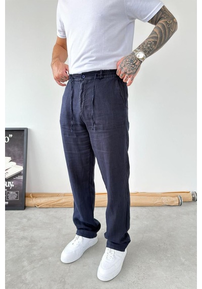Lacivert Basic Baggy Keten Pantolon