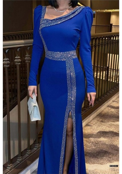 DefyModa Kadın Bisiklet Yaka Taş Detaylı Maxi Abiye Elbise Saks