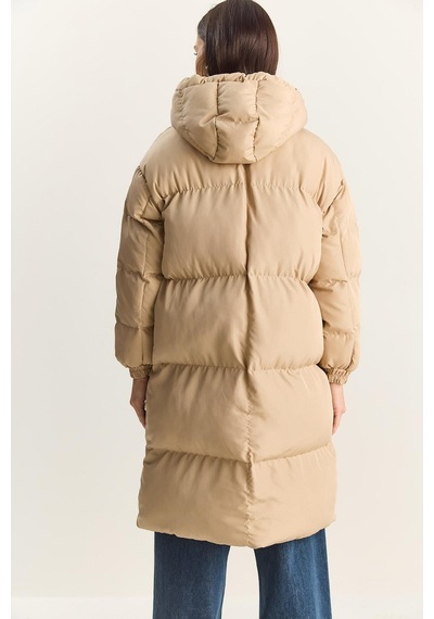 Shade Kadın Cep Detaylı Astarlı Kapüşonlu Uzun Puffer Mont 1129 60283868 - Bej