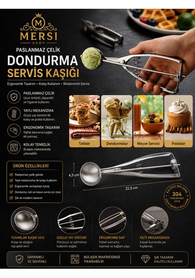 Paslanmaz Çelik Dondurma Servis Kaşığı Ergonomik Dondurma Kepçesi Gümüş