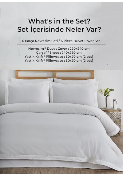 300 Tc King Pamuk Saten Nervürlü Nevresim Takımı Battal Çift Kişilik 6 Parça Krem Kırık Beyaz Stella Krem