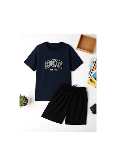 Uyguntarz Unisex Brooklyn Baskılı Tasarım Şort Takım Lacivert