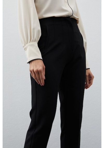 Sateen Yüksek Bel Pensli Pantolon - Siyah-134765 Siyah