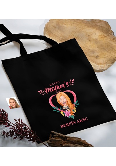 Bk Gift Kişiye Özel Anneler Günü Karikatürlü Siyah Kumaş Bez Çanta, Baskılı Omuz Çantası, Alışveriş Çantası, Anneye Hediye-5