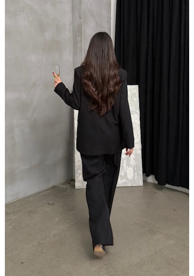 Msm Fashion Kadın İkili Blazer Ceket Pantolon Takım Aksesuar Ve Düğme Detaylı Bol Paça Siyah Msm Fashion Kadın İkili Blazer Ceket Pantolon Takım Aksesuar Ve Düğme Detaylı Bol Paça Siyah