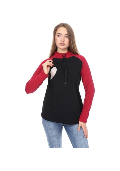Luvmabelly Myra4525 Bordo&siyah Parçalı Kapüşonlu Ve Cepli Emzirme Sweatshirt
